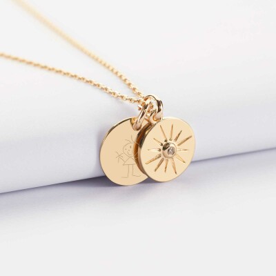 Pendentif personnalisé médaille gravée plaqué or 15 mm et breloque soleil scintillant 14 mm - dessin