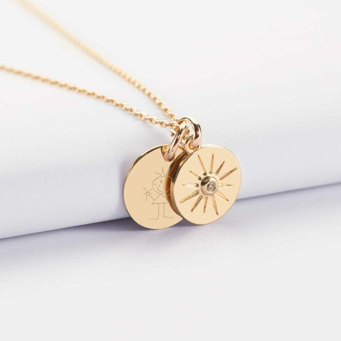 Pendentif personnalisé médaille gravée plaqué or 15 mm et breloque soleil scintillant 14 mm - dessin
