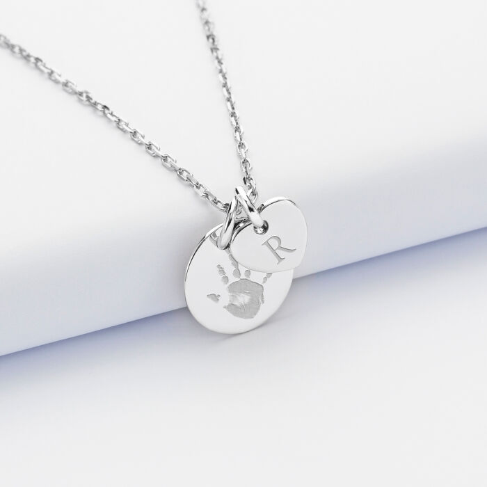 Pendentif personnalisé médaille gravée argent 15 mm et breloque coeur 10 mm empreinte