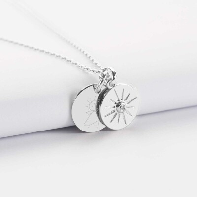 Pendentif personnalisé médaille gravée argent 15 mm et breloque soleil scintillant 14 mm dessin