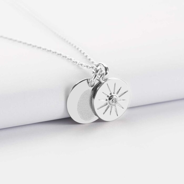 Pendentif personnalisé médaille gravée argent 15 mm et breloque soleil scintillant 14 mm - empreinte