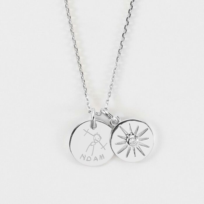 Pendentif personnalisé médaille gravée argent 15 mm et breloque soleil scintillant 14 mm - dessin et prénom