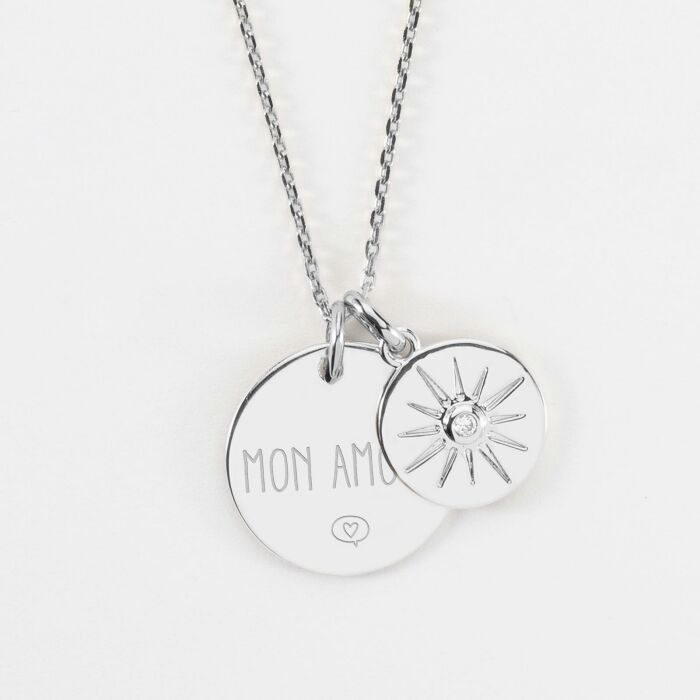 Pendentif personnalisé médaille gravée argent 19 mm et breloque soleil scintillant 14 mm - texte picto