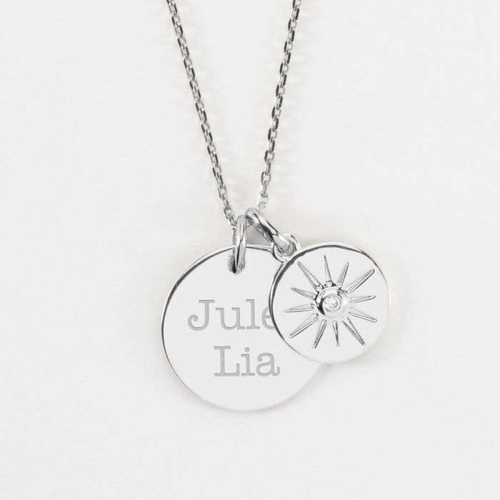 Pendentif personnalisé médaille gravée argent 19 mm et breloque soleil scintillant 14 mm - prénoms