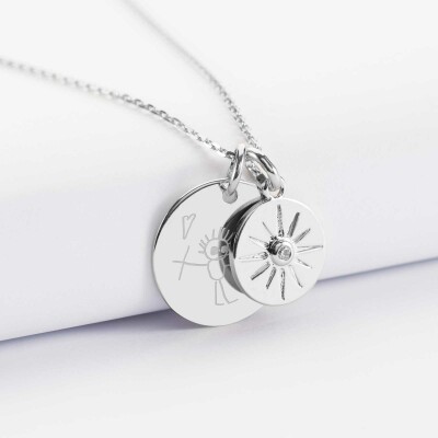 Pendentif personnalisé médaille gravée argent 19 mm et breloque soleil scintillant 14 mm - dessin