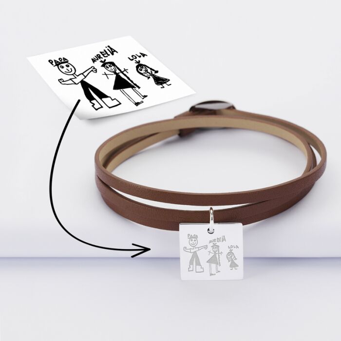 Bracelet 3 tours cuir personnalisé médaille gravée argent dormeuse carré 18x18 mm tutoriel