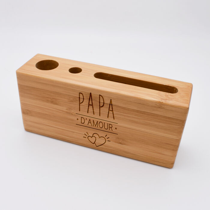 Support téléphone et organiseur de bureau personnalisé  14,6x6,5 cm bois gravé - illustration