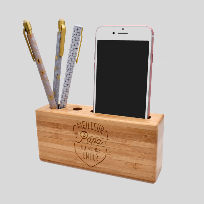 Support téléphone et organiseur de bureau personnalisé  14,6x6,5 cm bois gravé - illustration