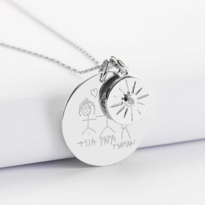 Pendentif personnalisé médaille gravée argent 27 mm et breloque soleil scintillant 14 mm dessin