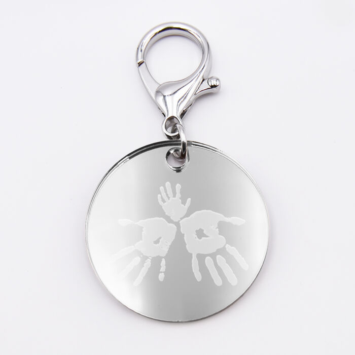 Porte-clés personnalisé gravé acrylique miroir argent médaille ronde 50 mm empreintes