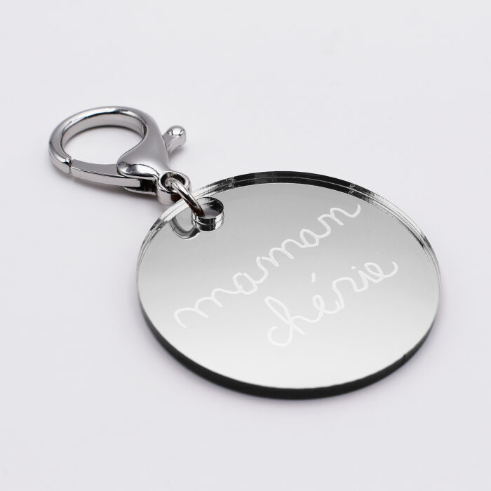 Porte-clés personnalisé gravé acrylique miroir argent médaille ronde 50 mm texte manuscrit
