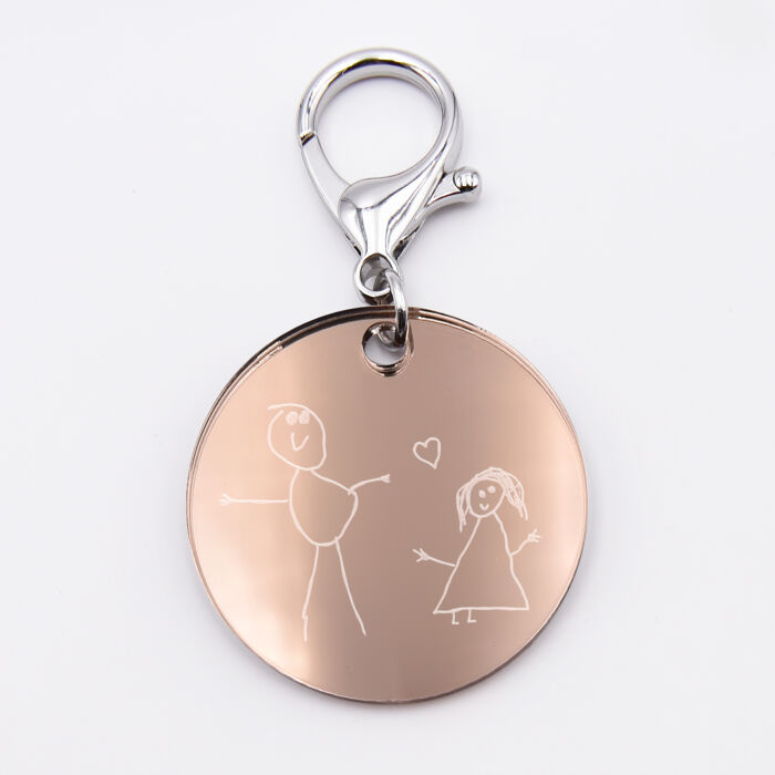 Porte-clés personnalisé gravé acrylique miroir rose gold médaille ronde 50 mm dessin