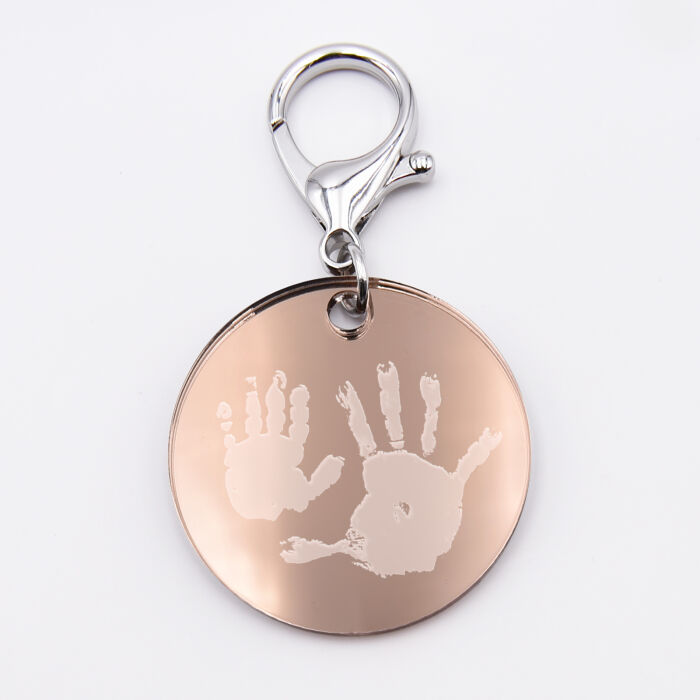 Porte-clés personnalisé gravé acrylique miroir rose gold médaille ronde 50 mm empreintes