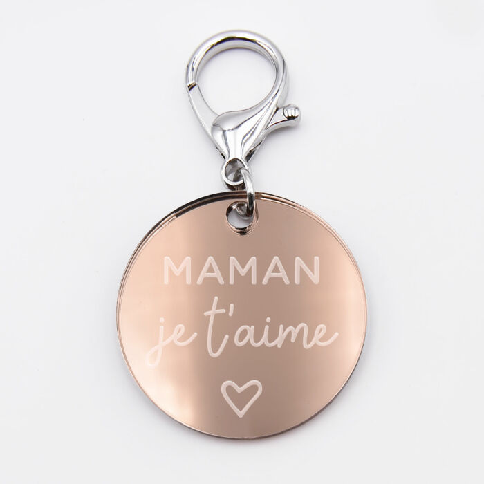 Porte-clés personnalisé gravé acrylique miroir rose gold médaille ronde 50 mm illustration