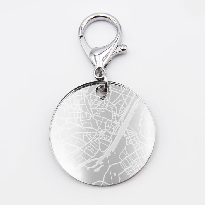 Porte-clés personnalisé gravé acrylique miroir argent médaille ronde 50 mm "Geo map" ville