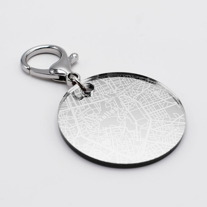 Porte-clés personnalisé gravé acrylique miroir argent médaille ronde 50 mm "Geo map" - bruxelles