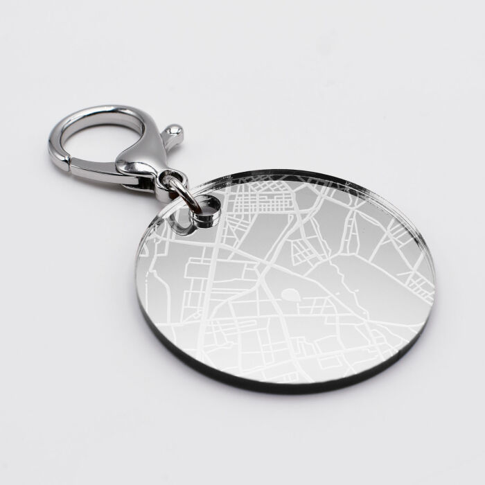 Porte-clés personnalisé gravé acrylique miroir argent médaille ronde 50 mm "Geo map" ville curseur
