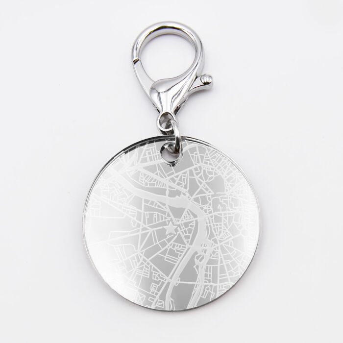 Porte-clés personnalisé gravé acrylique miroir argent médaille ronde 50 mm "Geo map" ville étoile