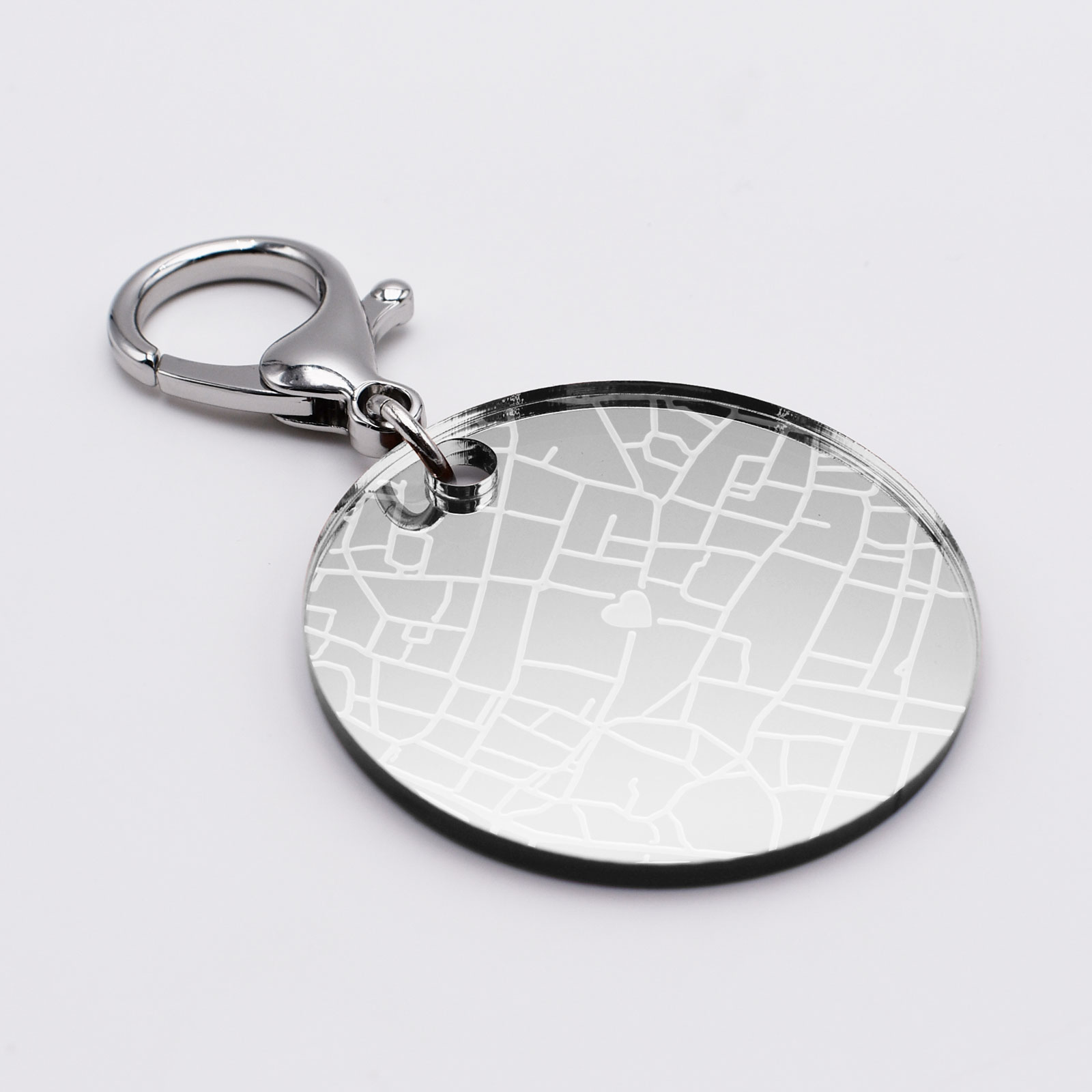 Porte-clés map personnalisé médaille ronde acrylique miroir argenté gravé  50 mm