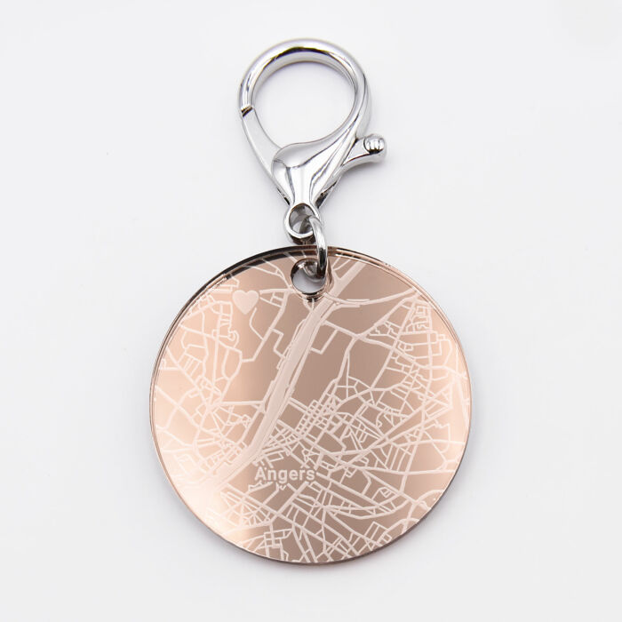 Porte-clés personnalisé gravé acrylique miroir rose gold médaille ronde 50 mm "Géo map" Angers