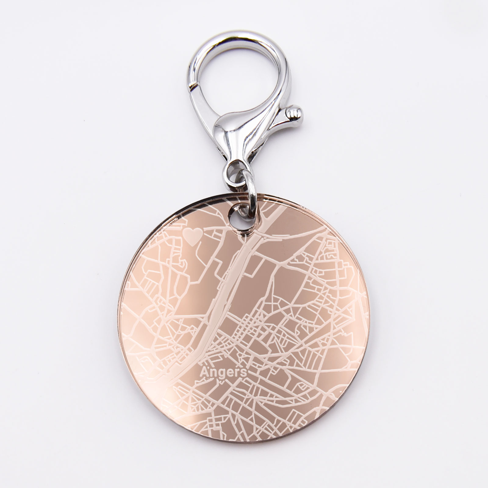 Porte-clés map personnalisé médaille rond gravéé acrylique miroir