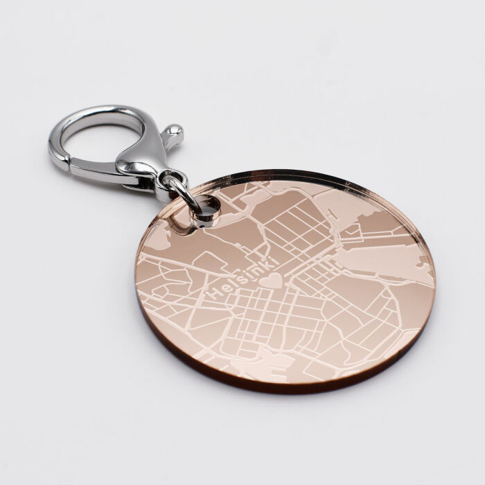 Porte-clés personnalisé gravé acrylique miroir rose gold médaille ronde 50 mm "Géo map" Helsinki