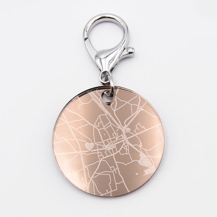 Porte-clés personnalisé gravé acrylique miroir rose gold médaille ronde 50 mm "Géo map" petite ville