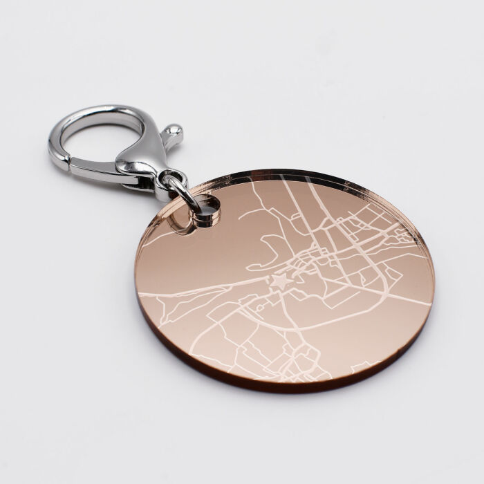 Porte-clés personnalisé gravé acrylique miroir rose gold médaille ronde 50 mm "Géo map" village