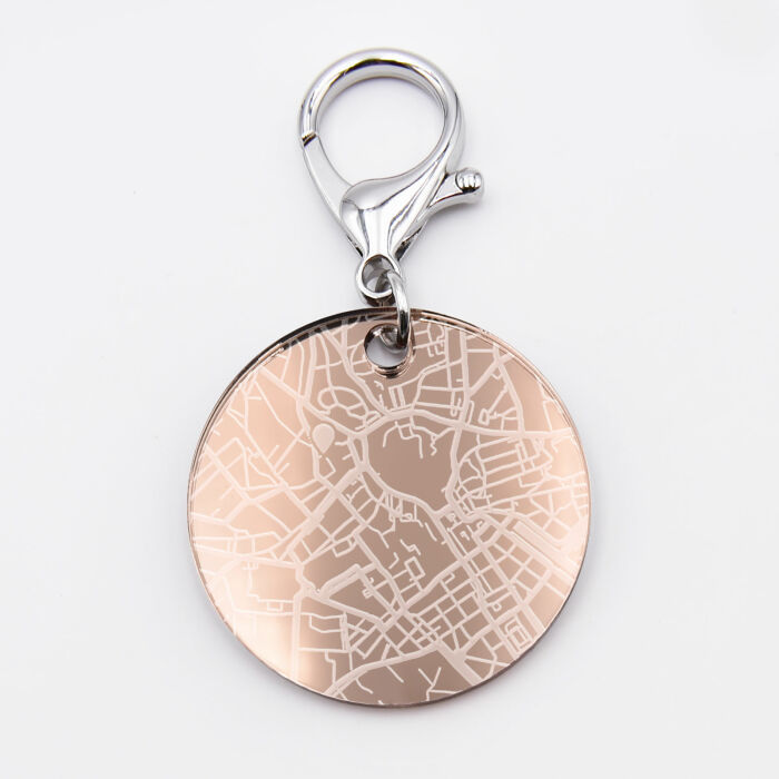 Porte-clés personnalisé gravé acrylique miroir rose gold médaille ronde 50 mm "Géo map" centre ville
