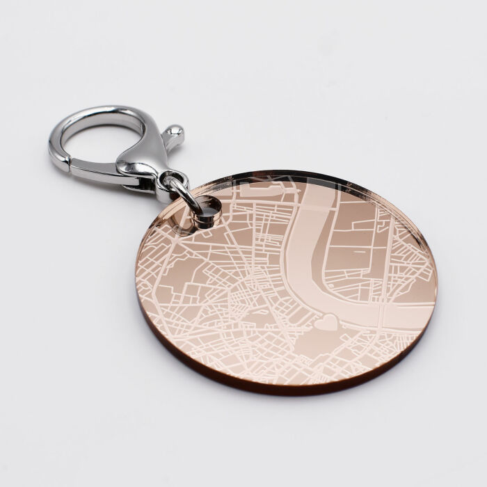 Porte-clés personnalisé gravé acrylique miroir rose gold médaille ronde 50 mm "Géo map" city