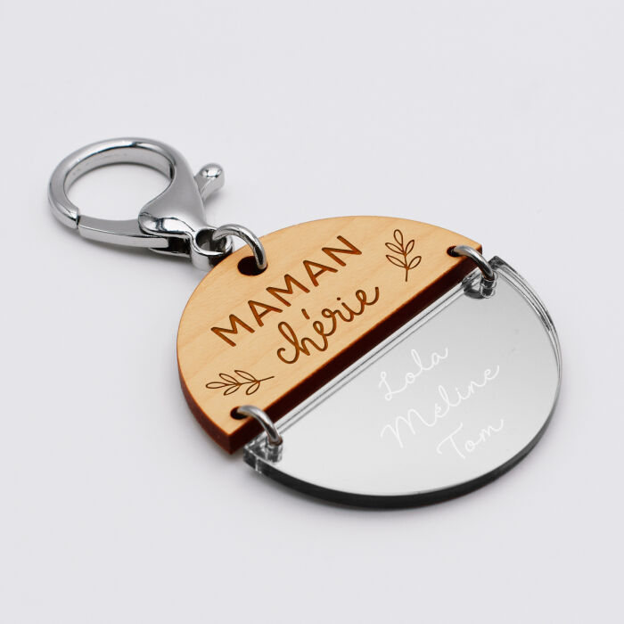 Porte-clés personnalisé gravé bi-matière bois et acrylique miroir 50 mm - édition spéciale "maman" prénoms manuscrits