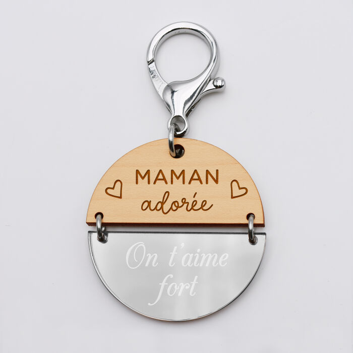 Porte-clés personnalisé gravé bi-matière bois et acrylique miroir 50 mm - édition spéciale "maman" texte