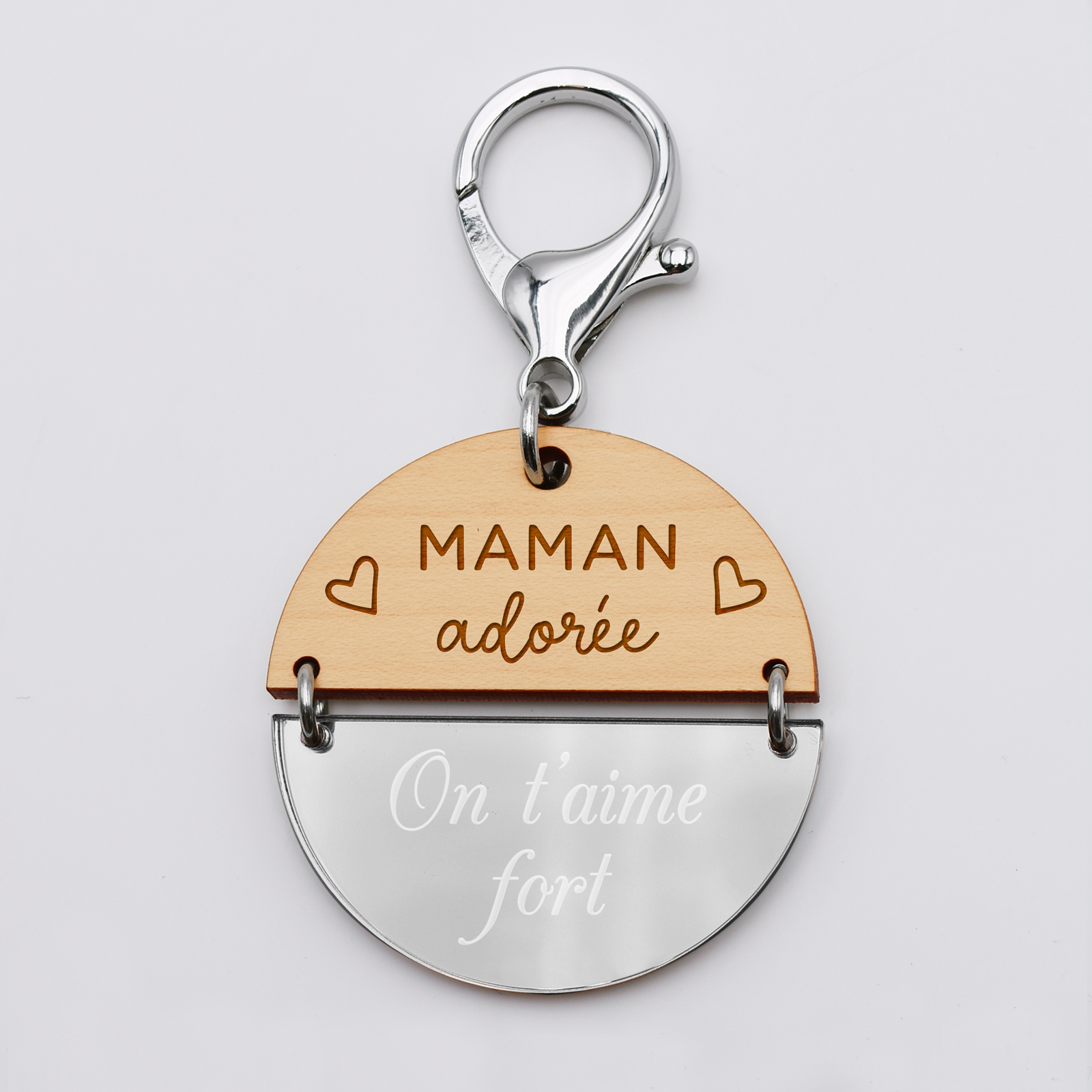 Porte-clés maman personnalisé gravé bois et acrylique miroir 50 mm -  édition spéciale