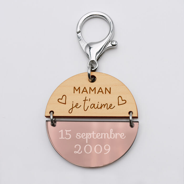 Porte-clés personnalisé gravé bi-matière bois et acrylique miroir 50 mm - édition spéciale "maman" date