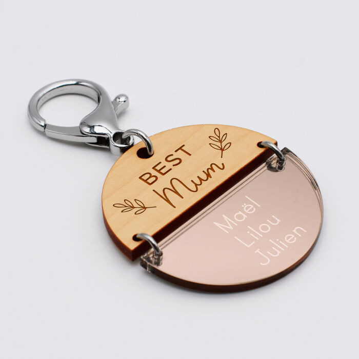 Porte-clés personnalisé gravé bi-matière bois et acrylique miroir 50 mm - édition spéciale "maman" - prénoms