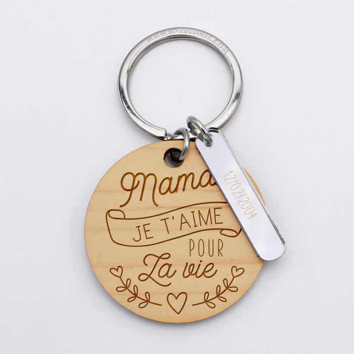 Porte-clés personnalisé gravé bois médaille ronde 50 mm et breloque acrylique miroir 40x8 mm - Maman on t'aime - date