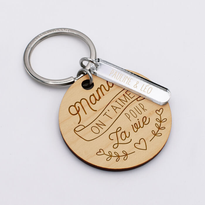 Porte-clés personnalisé gravé bois médaille ronde 50 mm et breloque acrylique miroir 40x8 mm - Maman on t'aime - pauline léo