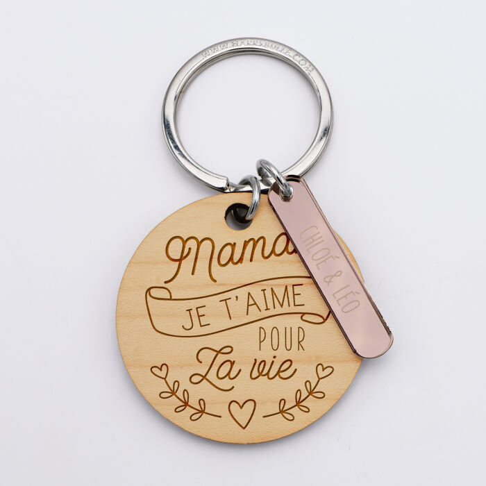 Porte-clés personnalisé gravé bois médaille ronde 50 mm et breloque acrylique miroir 40x8 mm - Maman on t'aime - prénoms