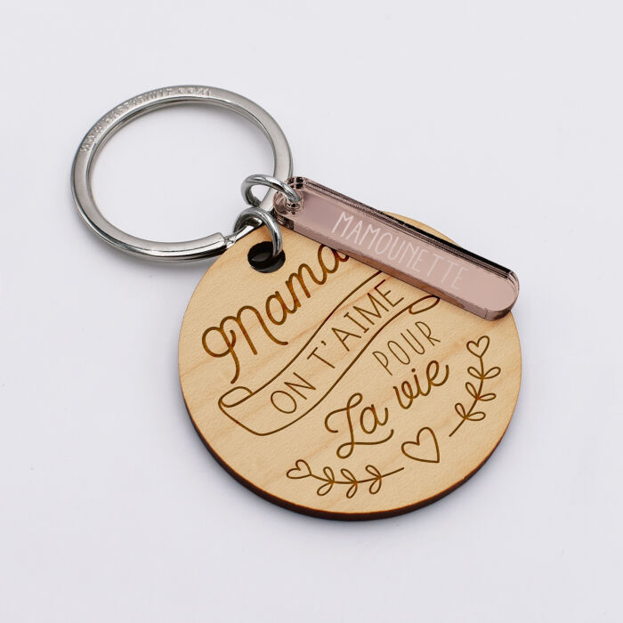 Porte-clés personnalisé gravé bois médaille ronde 50 mm et breloque acrylique miroir 40x8 mm - Maman on t'aime mamounette