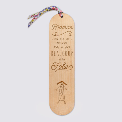 Marque page personnalisé bois gravé avec cordon liberty - édition spéciale "Maman je t'aime"