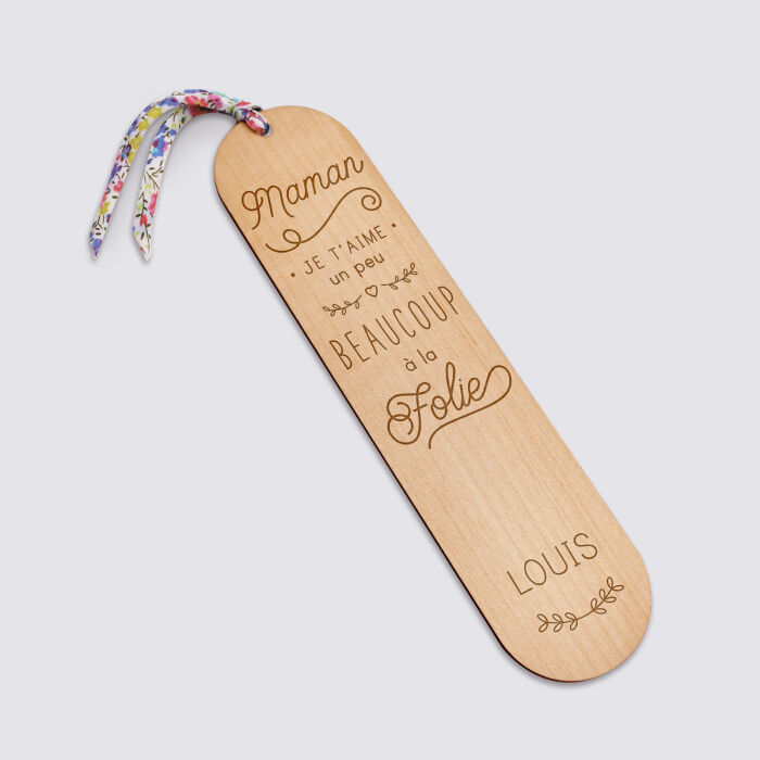 Marque page personnalisé bois gravé avec cordon liberty - édition spéciale "Maman je t'aime"