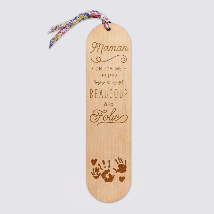 Marque page personnalisé bois gravé avec cordon liberty - édition spéciale "Maman je t'aime" empreintes