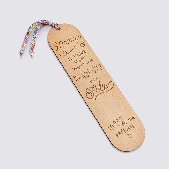 Marque page personnalisé bois gravé avec cordon liberty - édition spéciale "Maman je t'aime" texte manuscrit
