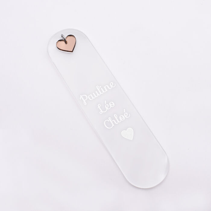 Marque page personnalisé acrylique gravé avec breloque cœur acrylique miroir - prénoms picto