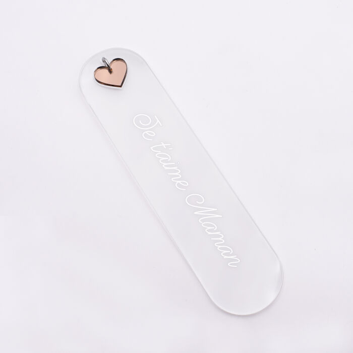 Marque page personnalisé acrylique gravé avec breloque cœur acrylique miroir - texte