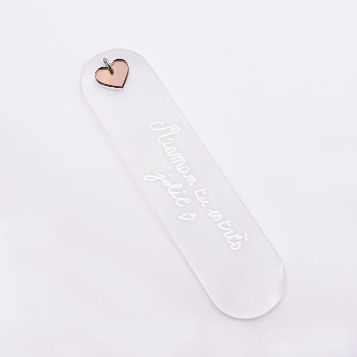 Marque page personnalisé acrylique gravé avec breloque cœur acrylique miroir - texte manuscrit
