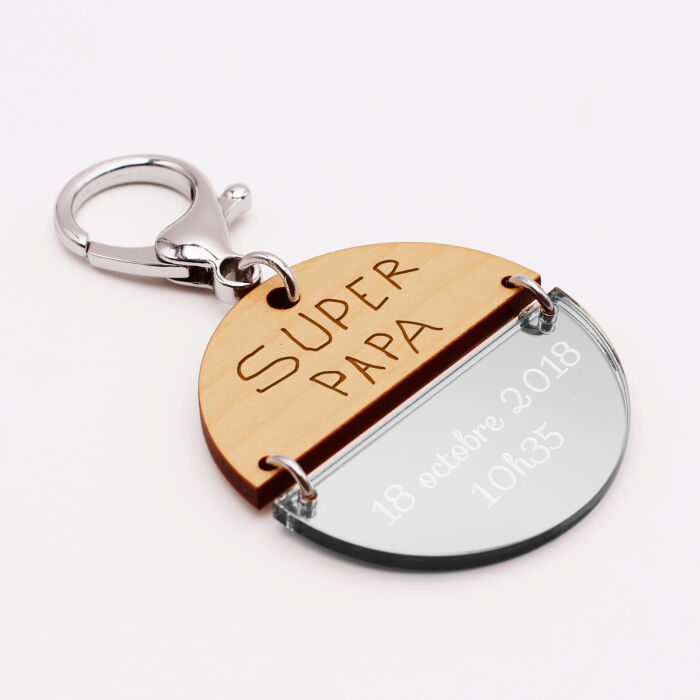 Porte-clés personnalisé gravé bi-matière bois et acrylique miroir 50 mm - texte manuscrit et date