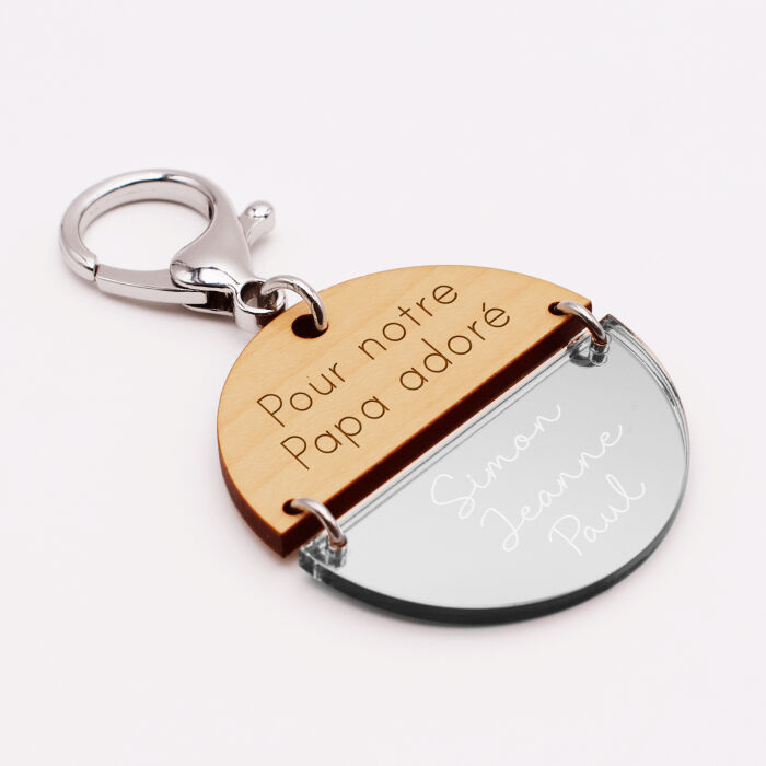 Porte-clés personnalisé gravé bi-matière bois et acrylique miroir 50 mm - texte et prénoms