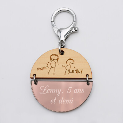 Porte-clés personnalisé gravé bi-matière bois et acrylique miroir 50 mm - dessin et texte