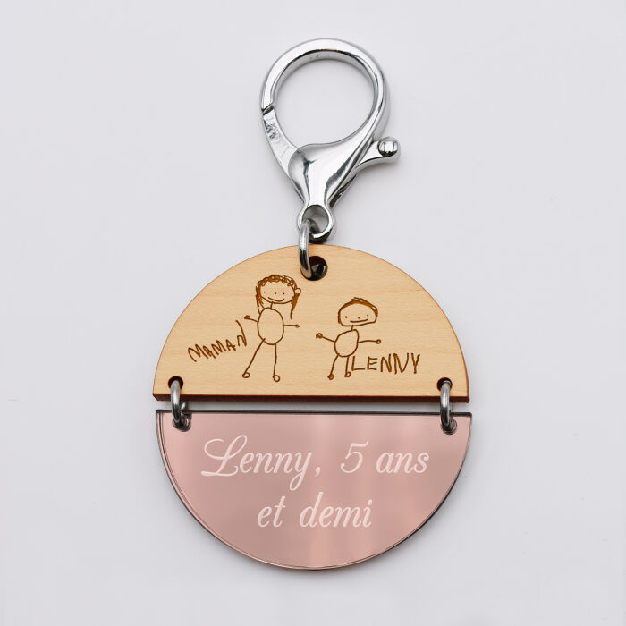 Porte-clés personnalisé gravé bi-matière bois et acrylique miroir 50 mm